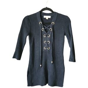 Michael Michael Kors Navy Blue Chunky Knit Lace Up Vented Sweater XS Nautical